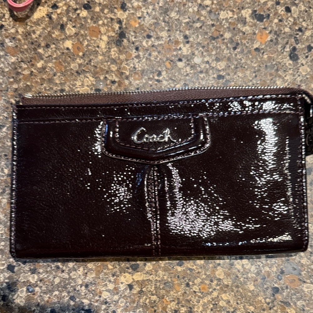 Coach Shiny Black dark brown  Wristlet
